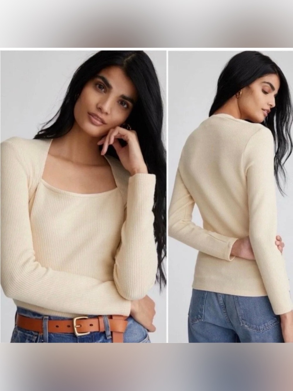Anthropologie ribbed knit long sleeve top ivory size small S